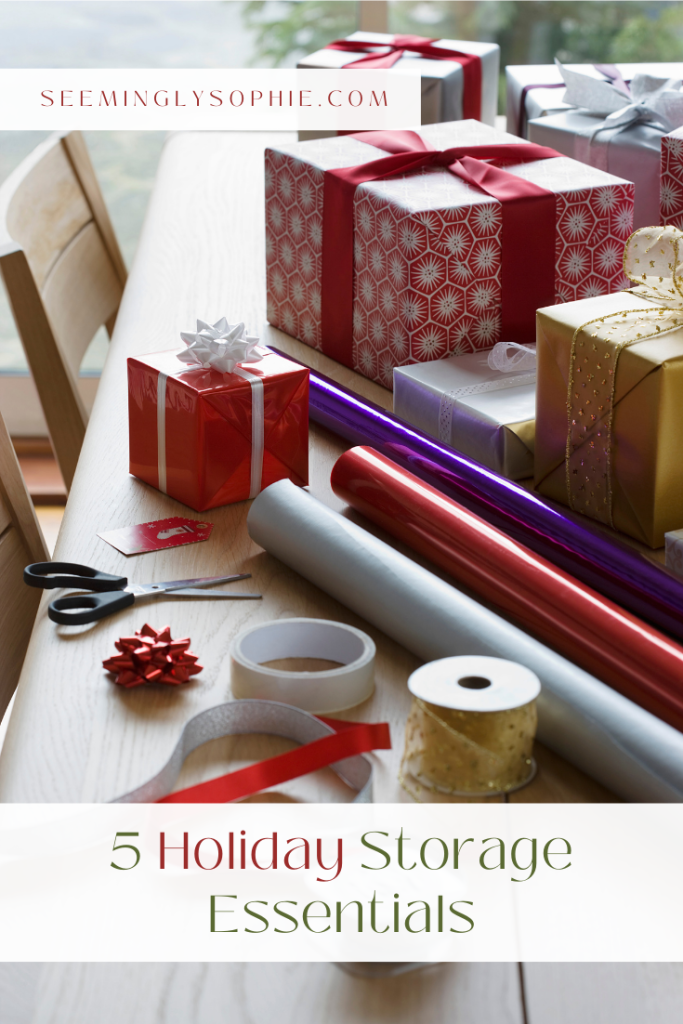 Once the holidays are over, it can be tough to find space to organize and store all of your decorations. These 5 holiday storage solutions are essentials for organizing and storing your holiday items and decorations. From wrapping paper organizers to ornament storage boxes, this list has it all! #holidays #decorations #holidaydecor #storage #organization #storagesolutions #wrappingpaper #Christmas