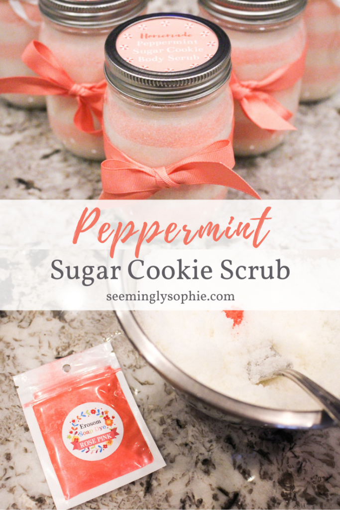 This peppermint sugar cookie body scrub is one of my wintertime favorites! It is super easy to make and smells so good. This scrub would also make the perfect gift for Christmas or Valentine's Day. Free printable labels are also included on the website! #DIY #recipe #bodyscrub #peppermint #sugarcookie #fragrance #scrub #exfoliate #skincare #holidays #homemade #printables
