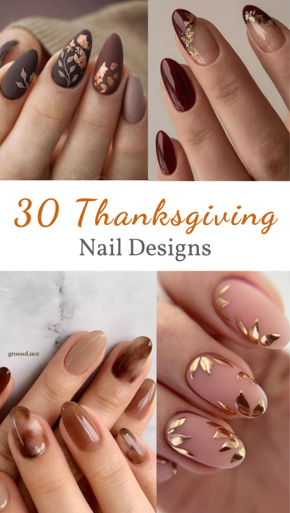 With Thanksgiving coming up fast, I've put together a list of so many amazing nail ideas for the holiday! There's lots of beautiful gold, red, and brown designs perfect for Thanksgiving. #nailart #thanksgiving #fall #holiday #seasonal #nails
